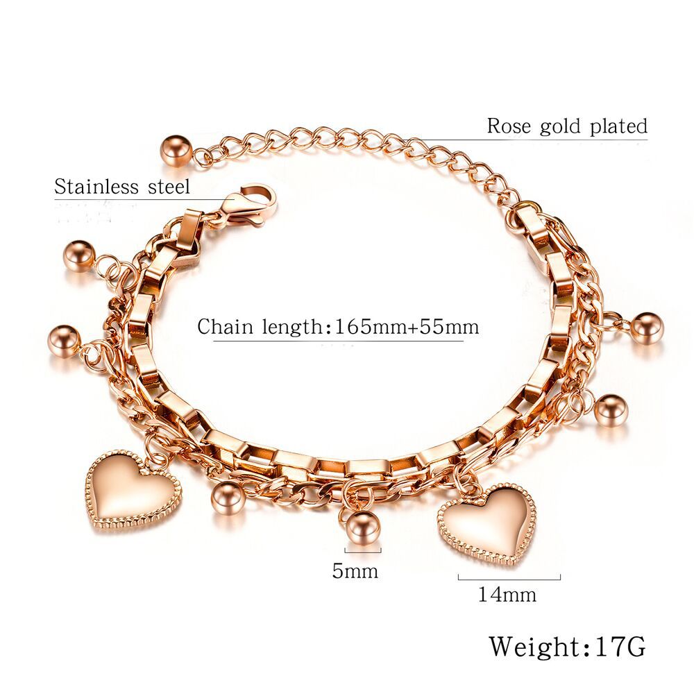 Double Chain Heart charm bracelet – available in Gold, Silver and Rose Gold