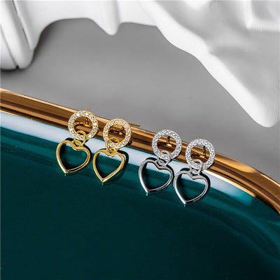 Superior grade 925 silver heart earrings with Crystal circles plated in 18K Gold or Silver.